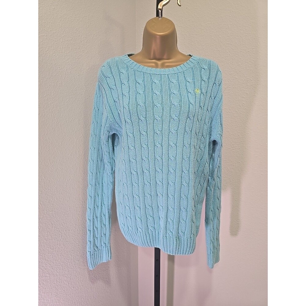 Lilly Pulitzer Cable Knit Cotton Pullover Sweater Sz Small Palm Logo Blue Preppy